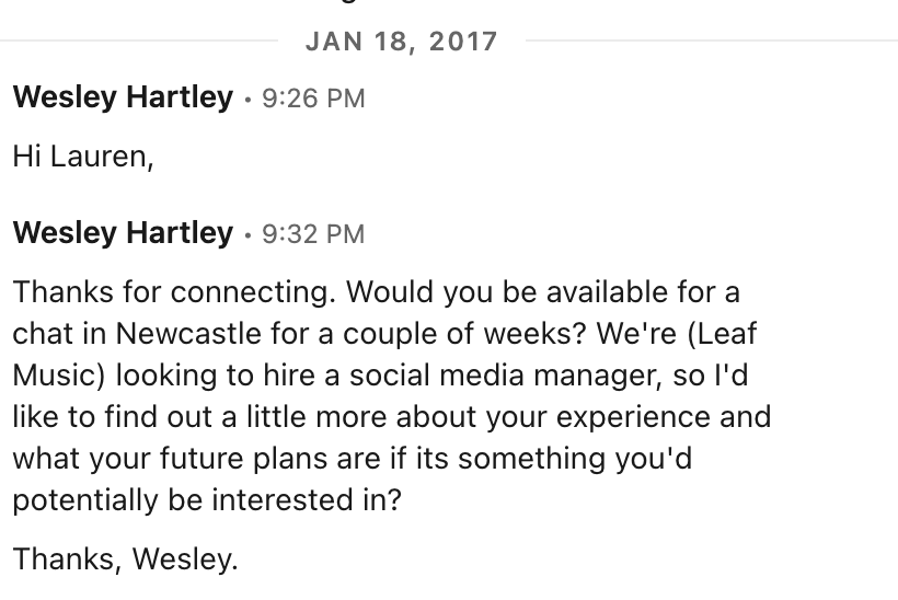 Lauren's Slack conversation with Wesley screenshot