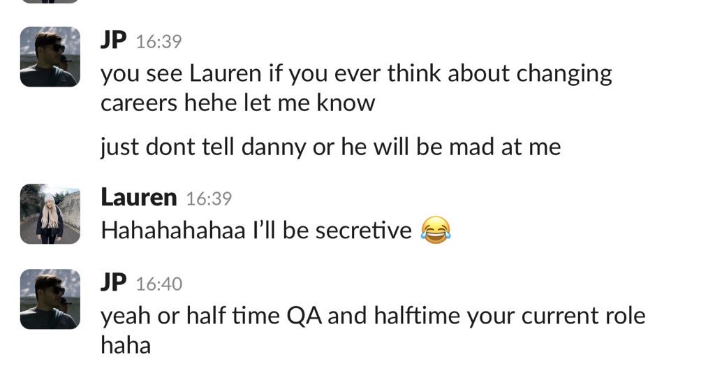 Lauren's Slack conversation with QA, JP screenshot