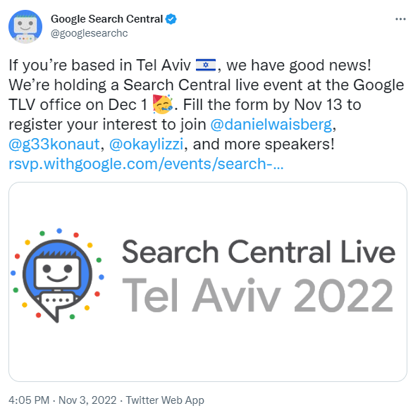 Screenshot of Google Search Central’s Tweet about Search Central Live in Tel Aviv