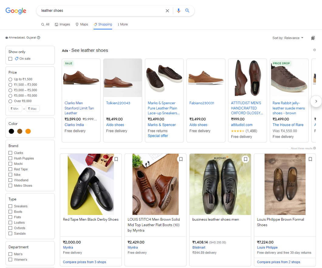Screenshot of Google Search Result Shopping Tab for Leather Shoes