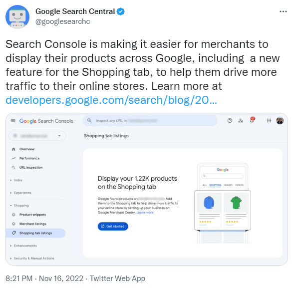 Screenshot of Google Search Central’s Tweet about New Shopping Tab Listings