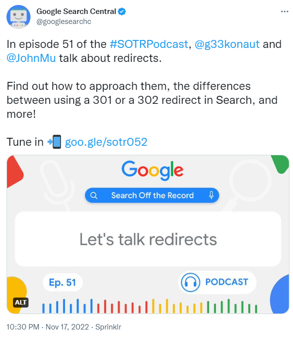 Screenshot of Google Search Central’s Tweet about SOTRPodcast on Redirects
