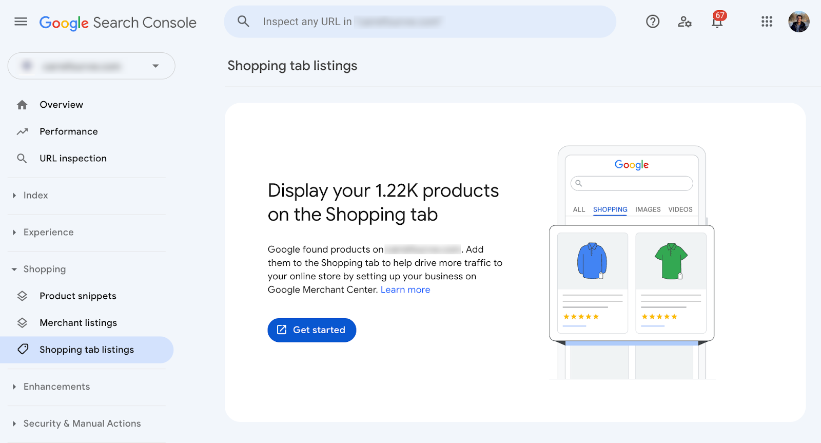 Screenshot of Shopping tab listings section in search console