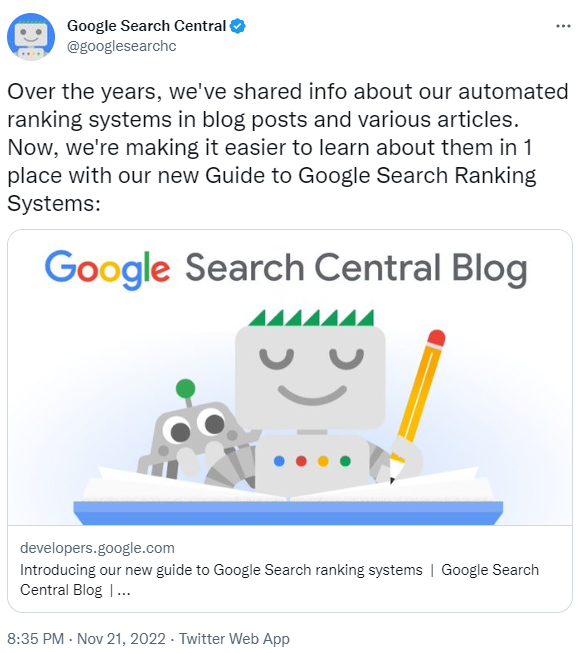 Screenshot of Google Search Central’s Tweet about New Ranking Guide