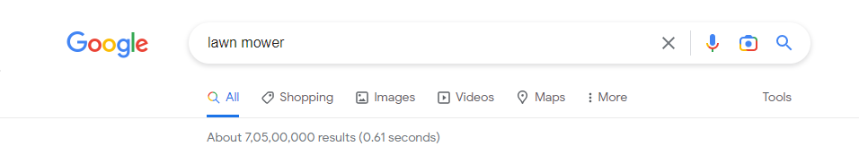 Screenshot of the number of search results for a lawn mower on Google.