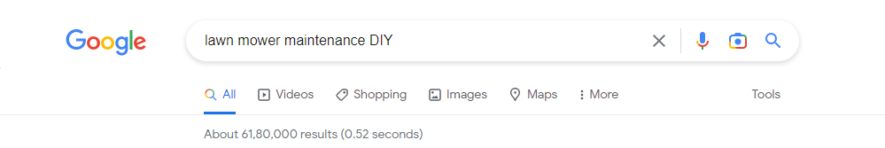 Screenshot of the number of search results for lawn mower maintenance DIY on Google.
