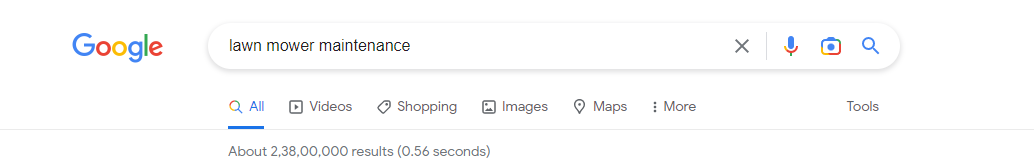 Screenshot of the number of search results for lawn mower maintenance on Google.