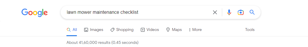 Screenshot of the number of search results for lawn mower maintenance checklist on Google.