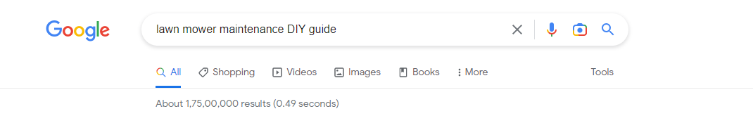 Screenshot of the number of search results for lawn mower maintenance DIY guide on Google.
