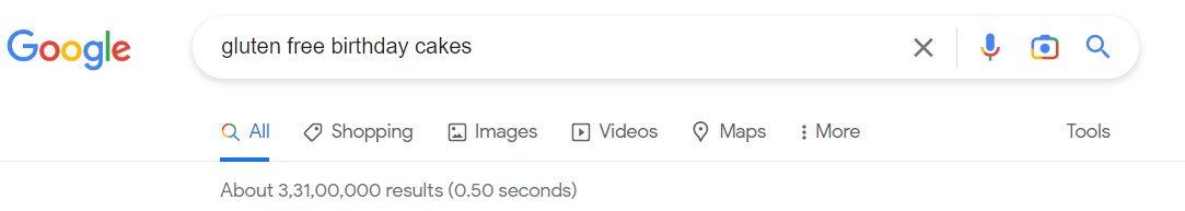 Screenshot of the number of search results for gluten-free birthday cakes on Google.