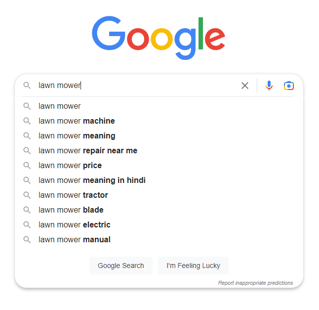 Screenshot of lawn mower Google search suggestions