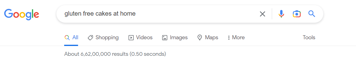 Screenshot of the number of search results for gluten-free cakes at home on Google.