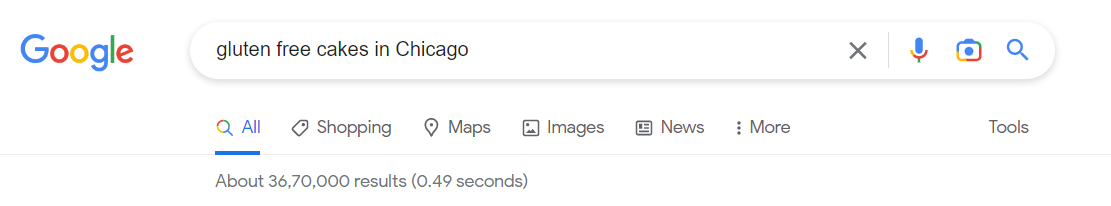Screenshot of the number of search results for gluten-free cakes in Chicago on Google.