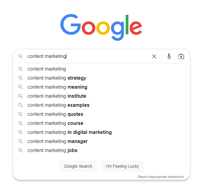 Screenshot of content marketing Google search suggestions