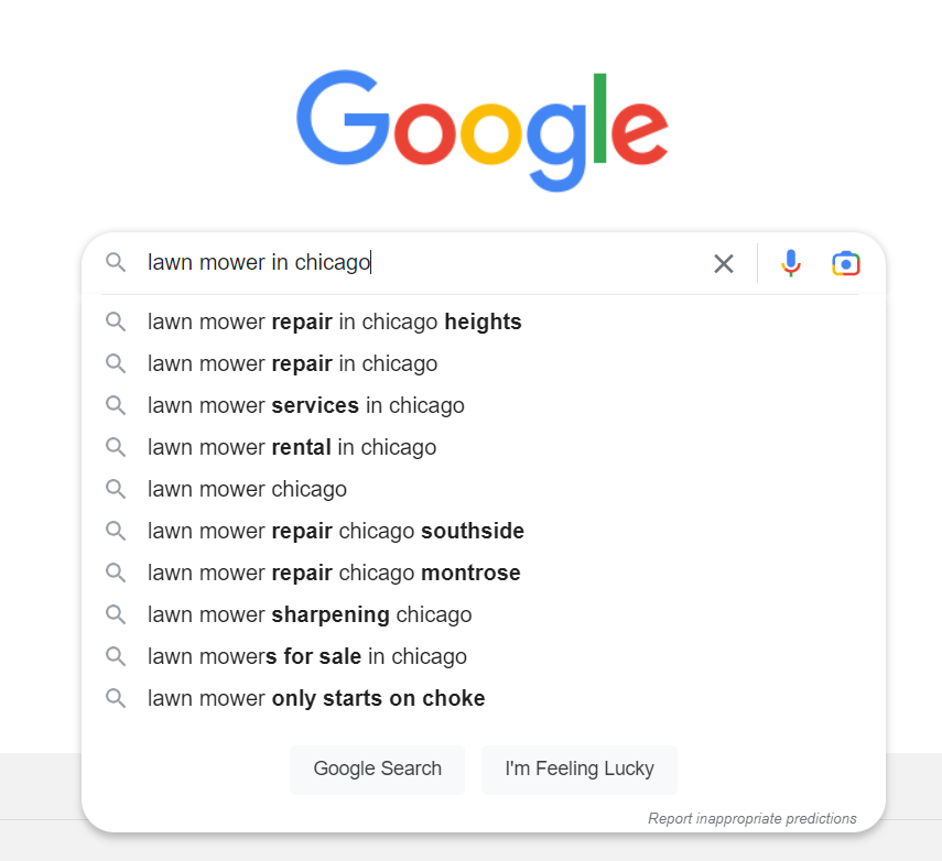 Screenshot of a lawn mower in Chicago Google search suggestions