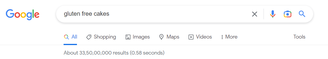 Screenshot of the number of search results for gluten-free cakes on Google.