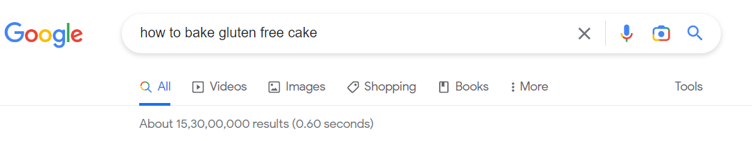 Screenshot of the number of search results for how to bake a gluten-free cake on Google.