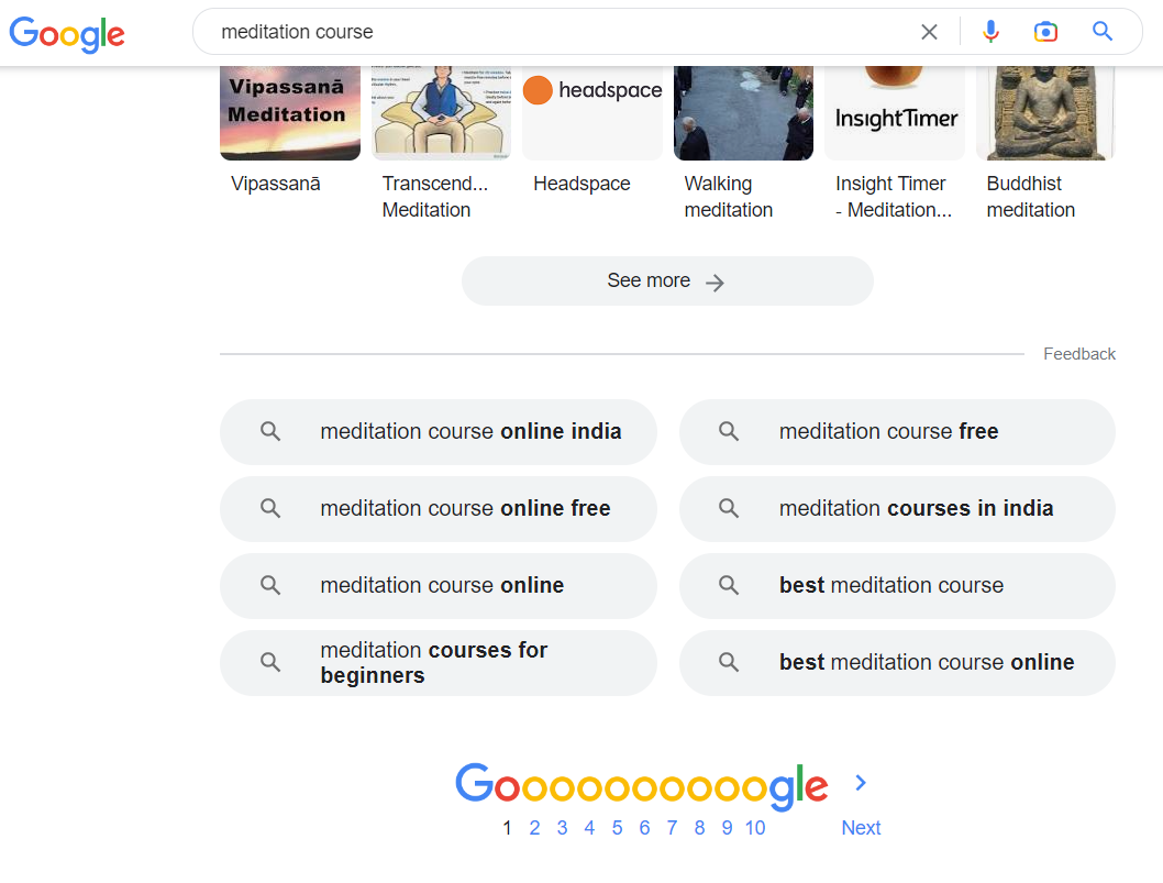 Screenshot of meditation course Google Related searches section