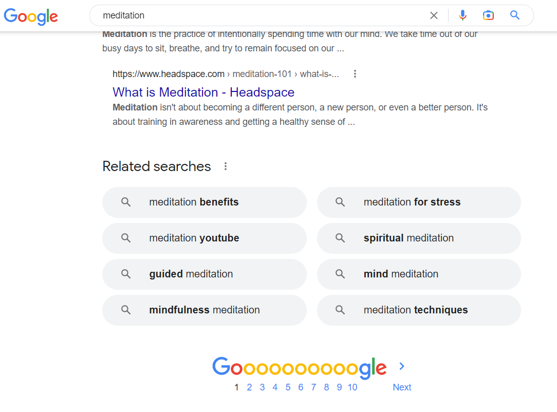 Screenshot of meditation Google Related searches section