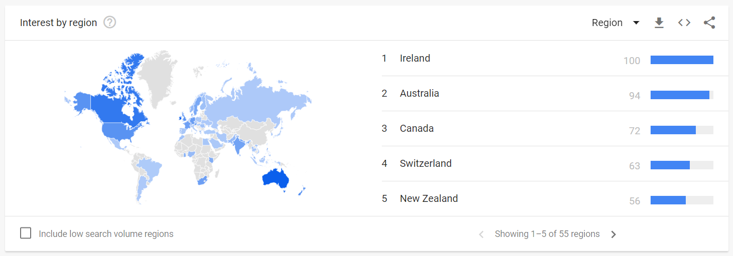 Screenshot of google trends interest by region result for meditation