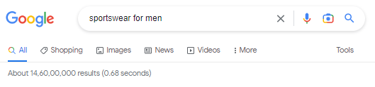 Screenshot of the number of Google search results for sportswear for men