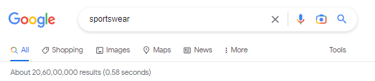 Screenshot of the number of Google search results for sportswear