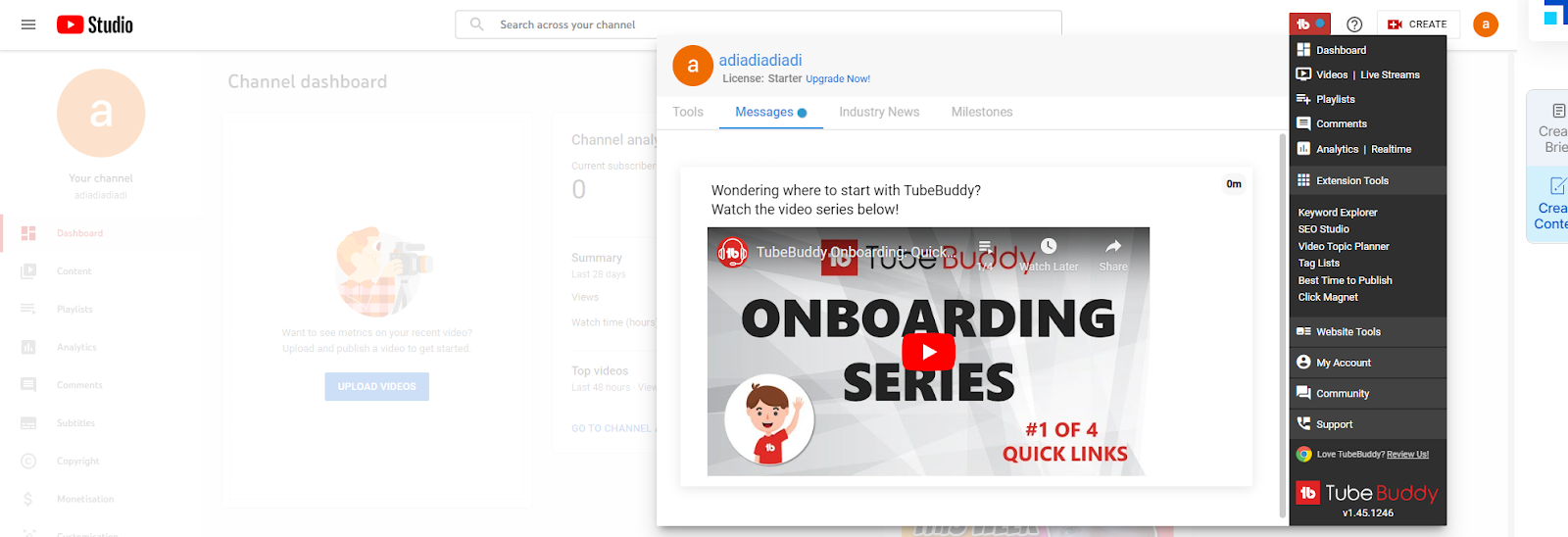 Screenshot of Tubebuddy chrome extension quick access bar