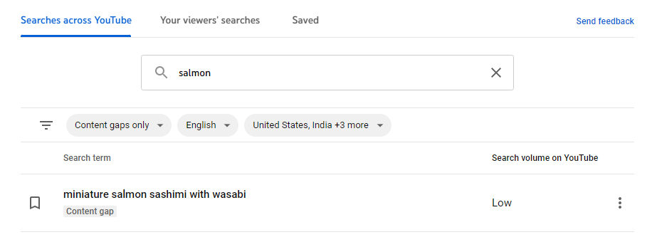 Screenshot of YouTube creator studio research panel content gaps filter result