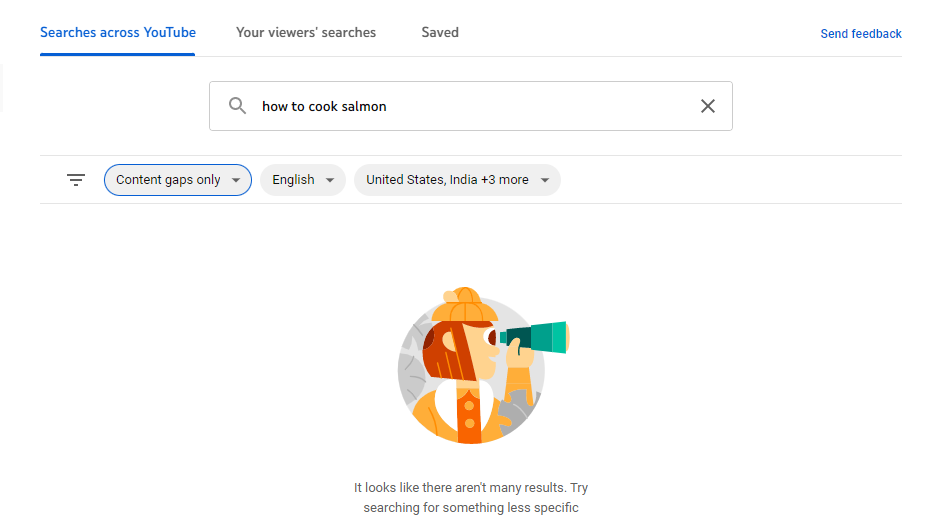Screenshot of YouTube creator studio research panel content gaps filter