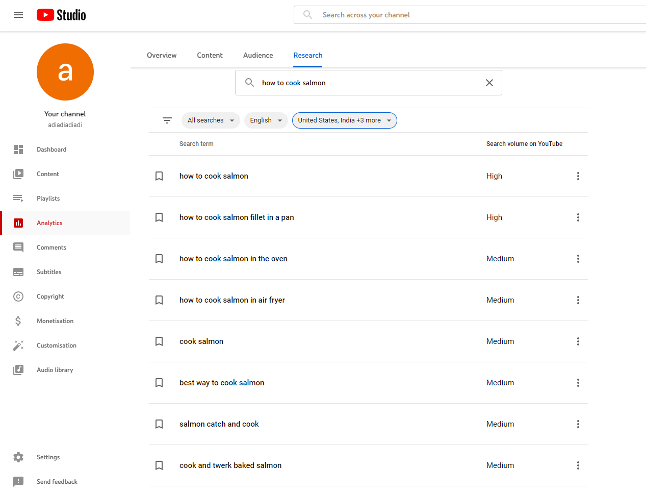 Screenshot of YouTube creator studio research panel