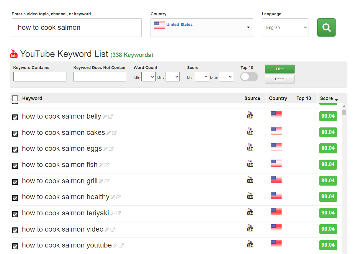 Screenshot of Keyword tool dominator youtube keyword research tool results