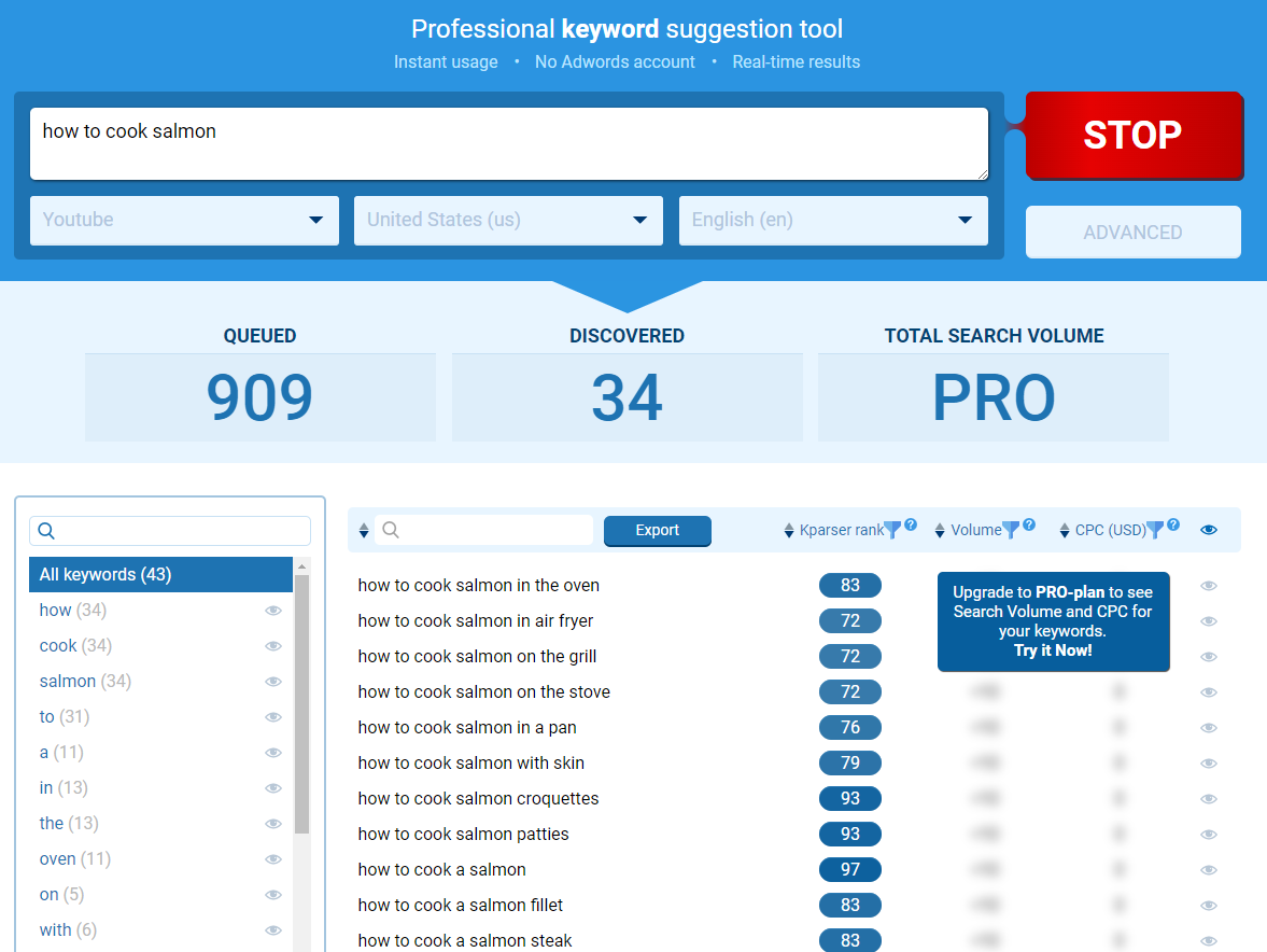 Screenshot of Kparser youtube keyword research tool results