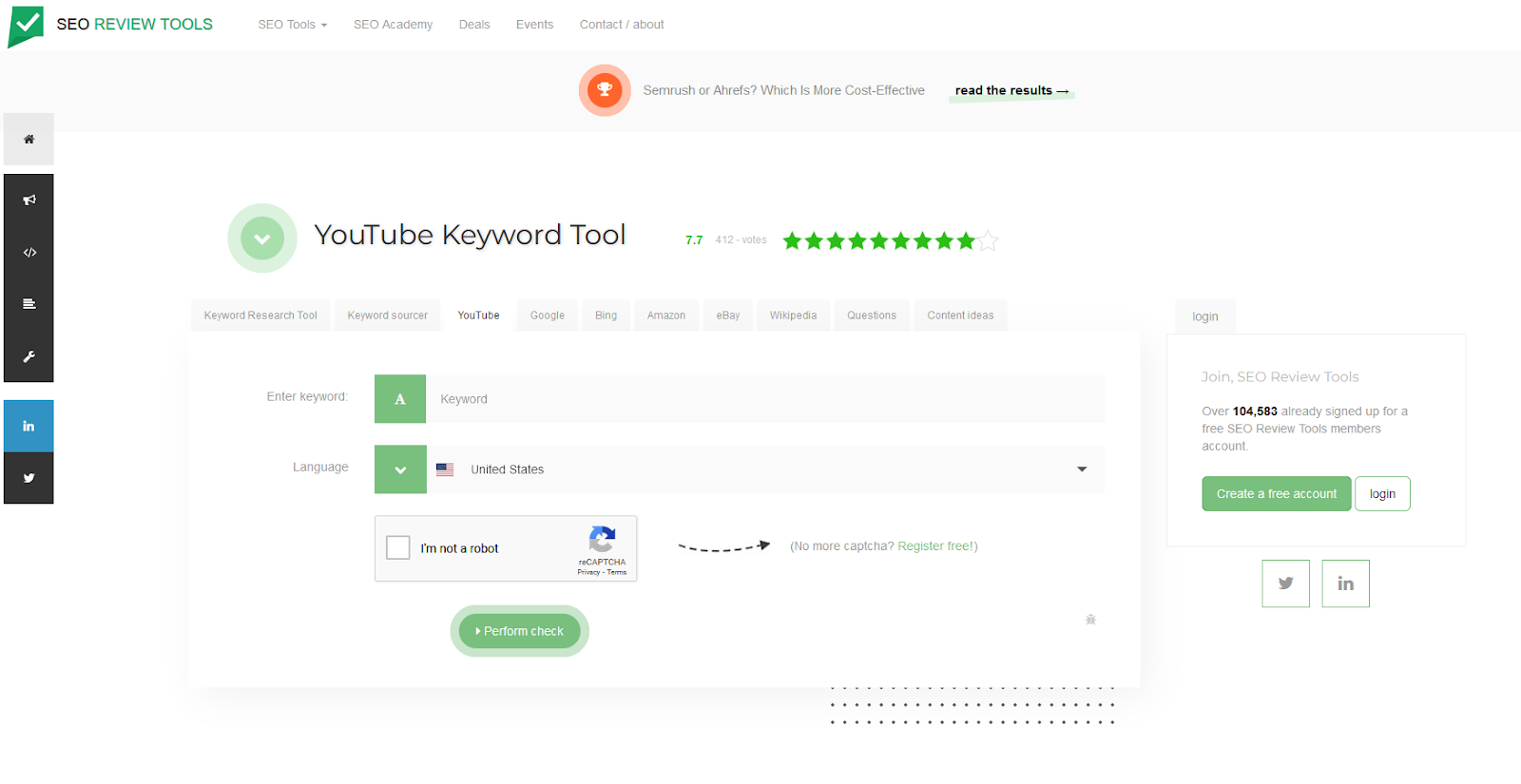 Screenshot of YouTube Keyword Tool by SEO Review Tools