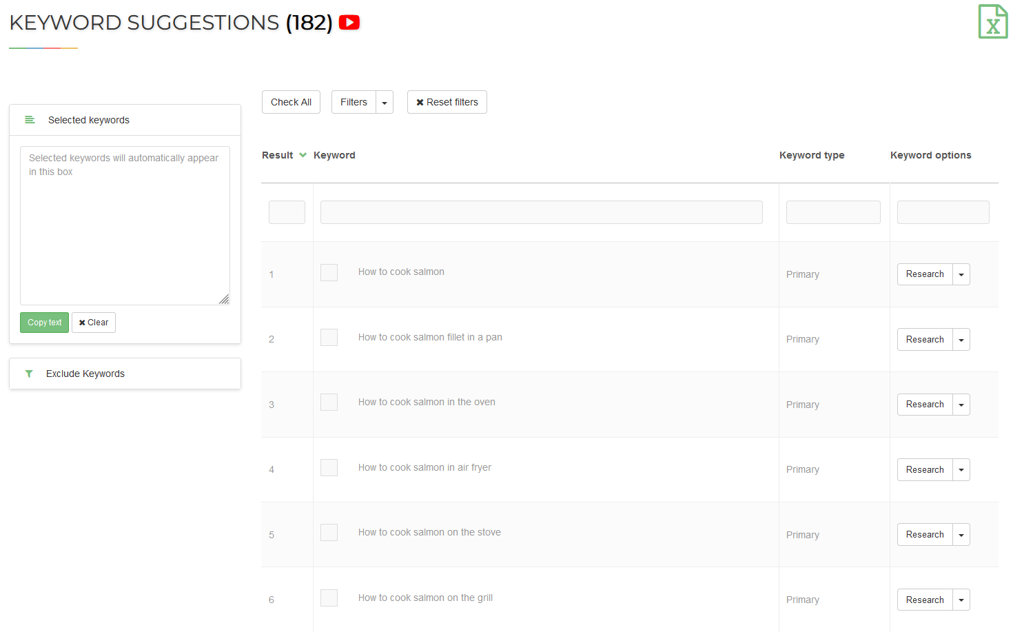 Screenshot of YouTube Keyword Tool by SEO Review Tool results