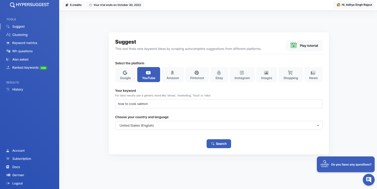 Screenshot of YouTube Keyword Tool by Hypersuggest