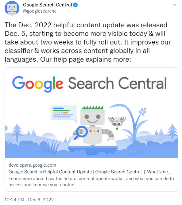 Screenshot of the Dec 5, 2022, helpful content update tweet by Google Search Central