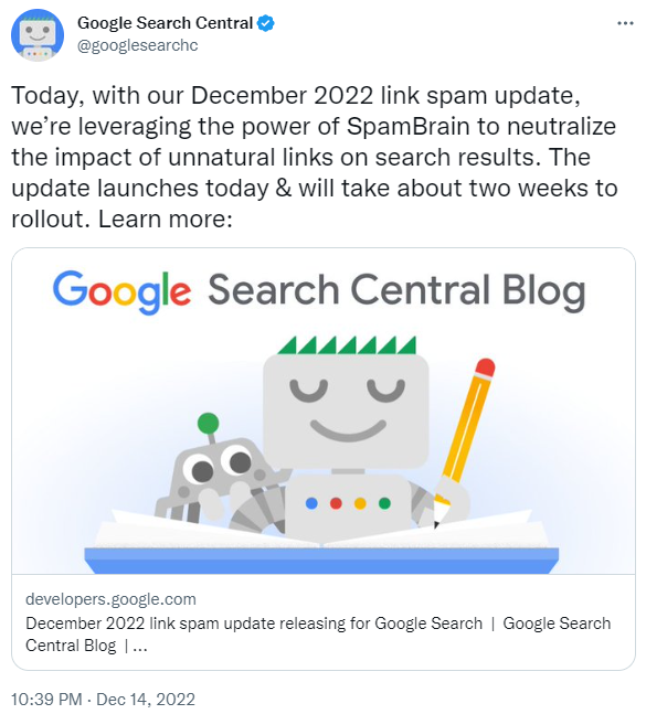Screenshot of Google Search Central December 2022 Link Spam Update Tweet