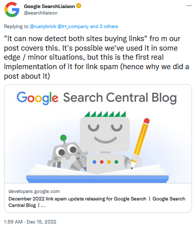 Screenshot of Google Search Liaison December 2022 Link Spam Update Tweet