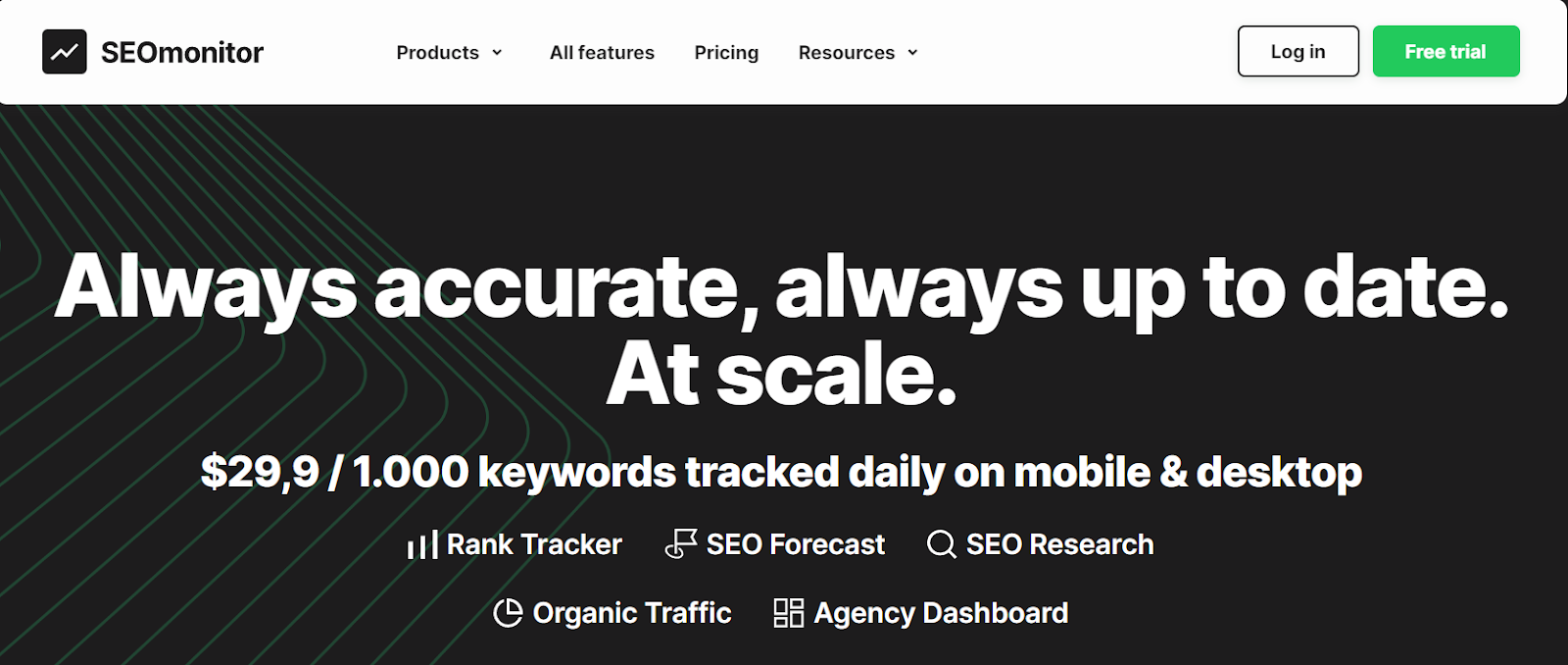 A snapshot of how SEOmonitor's homepage looks like.