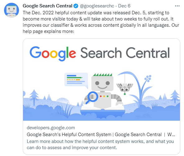 Screenshot of GSC tweet about helpful content system