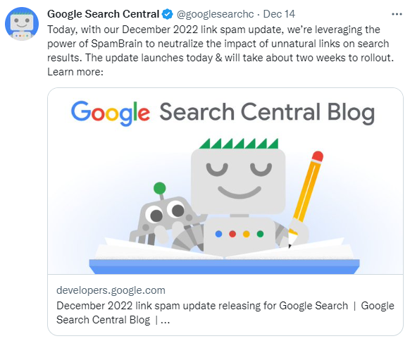 Screenshot of GSC tweet about link spam update