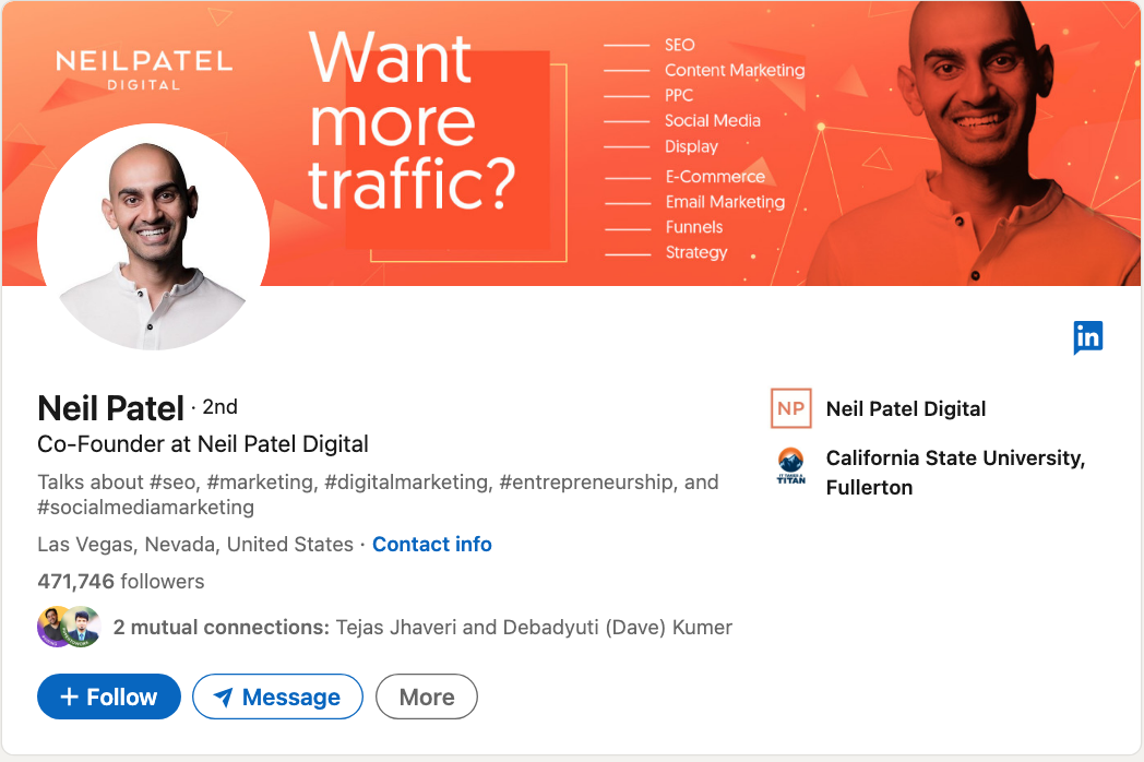 LinkedIn bio example: Neil Patel