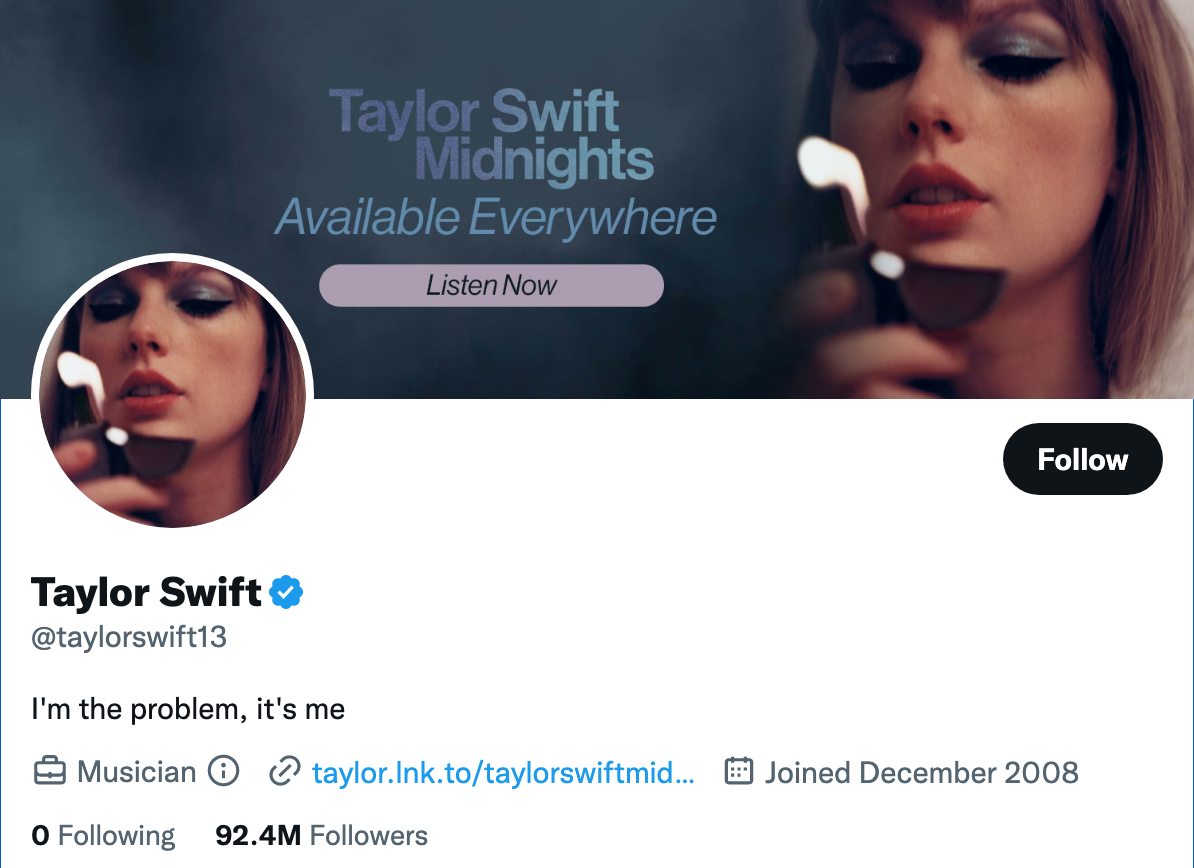 Twitter bio example: Taylor Swift