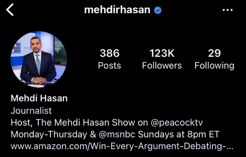 Instagram bio example: Mehdi Hasan