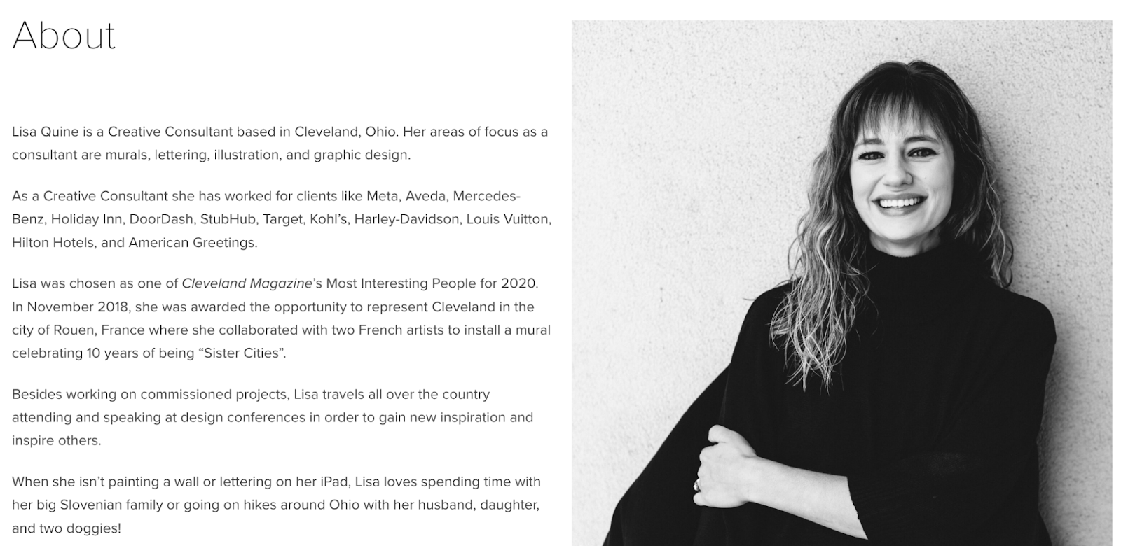 Creative website bio example: Lisa Quine