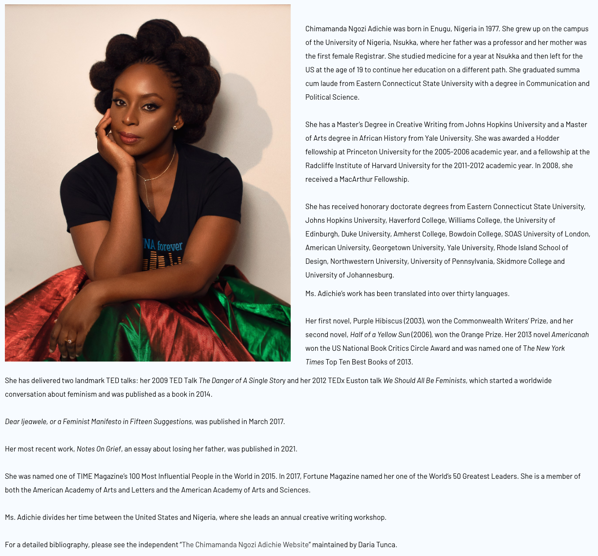 Personal website bio example: Chimamanda Ngozi Adichie