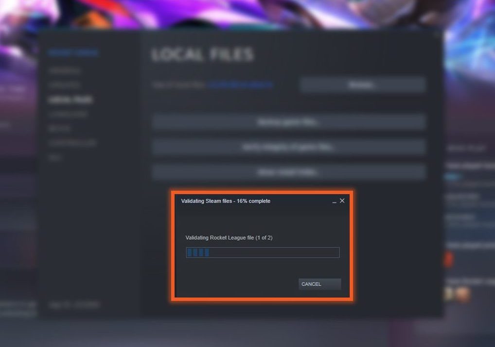 Verify Game files Rocket League process