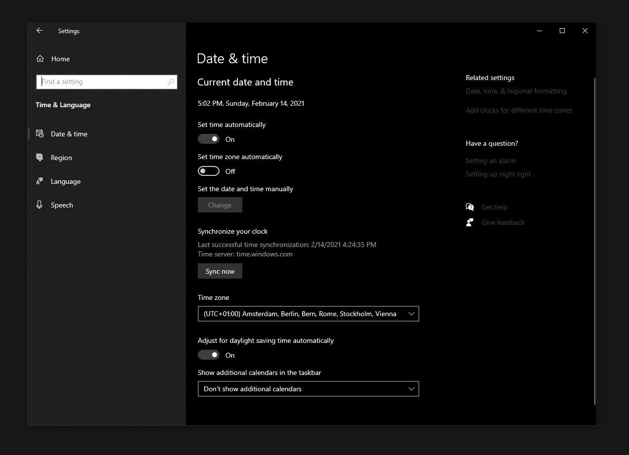 Synchronize Time settings windows 10