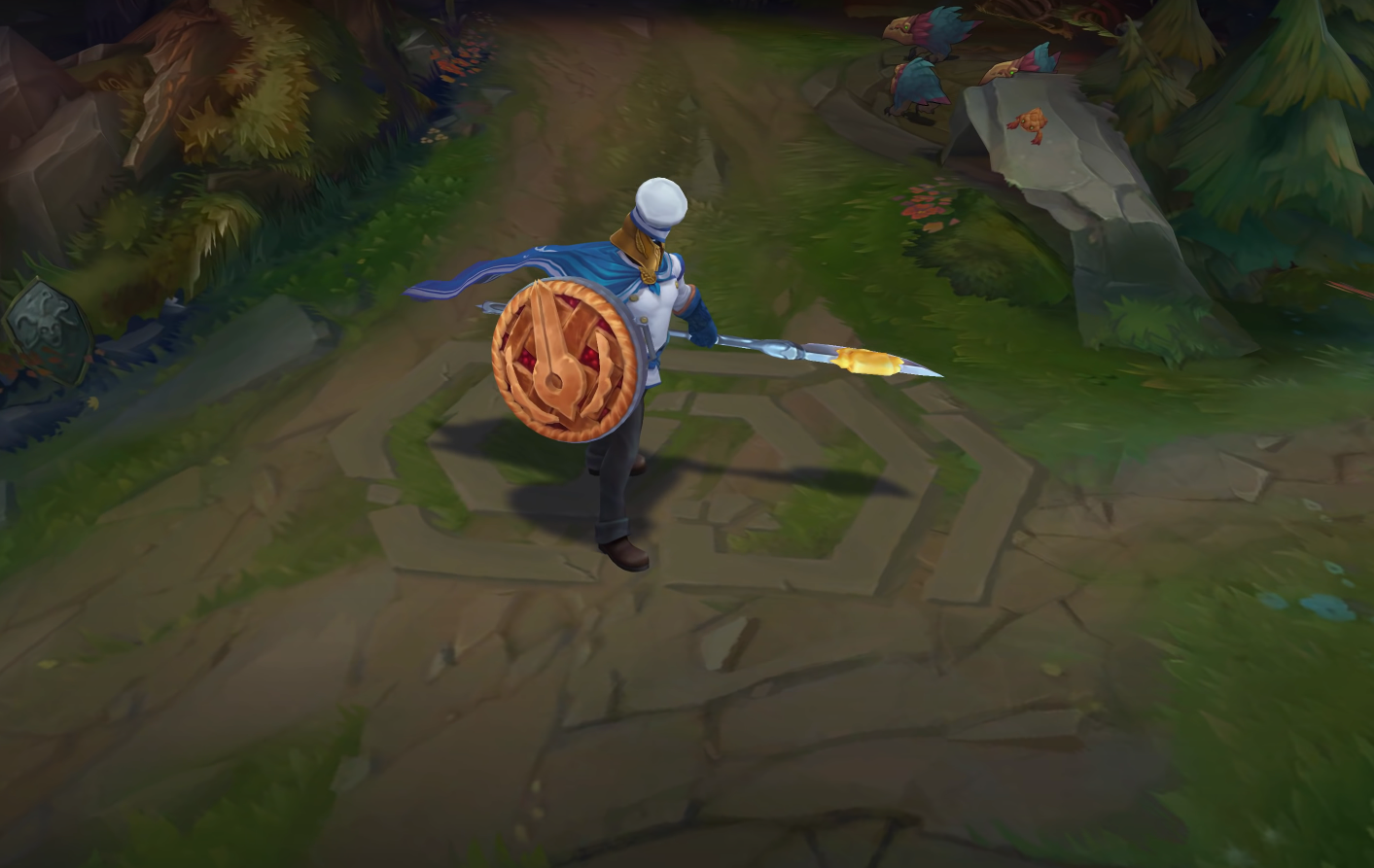 Baker Pantheon holding a shield made of pie and a spread knife with a little bit of butter.
