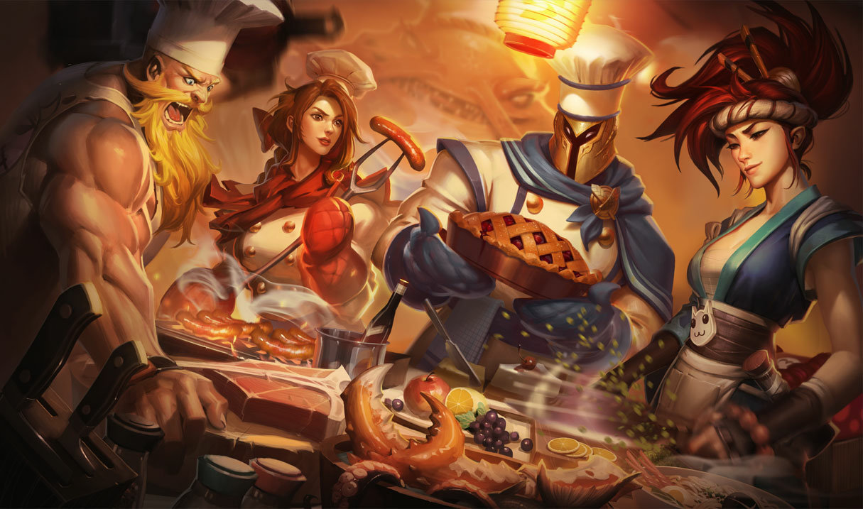 Baker Pantheon preparing food alongside other LoL champions.